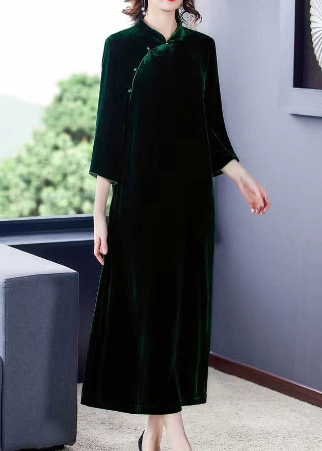 Velvet Mandarin Collar Frog Button Long Sleeve Cheongsam Maxi Dress