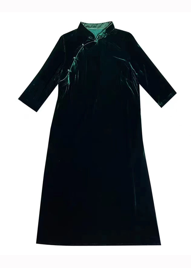 Velvet Mandarin Collar Frog Button Long Sleeve Cheongsam Maxi Dress