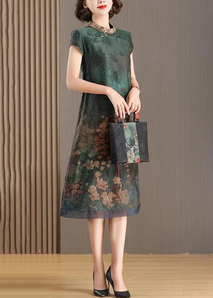 Landscape Print Organza Mandarin Collar Cap Sleeve Contrast Hem Layered Midi Dress