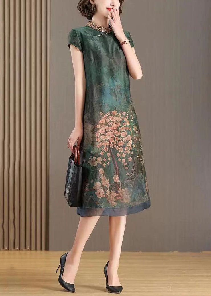 Landscape Print Organza Mandarin Collar Cap Sleeve Contrast Hem Layered Midi Dress