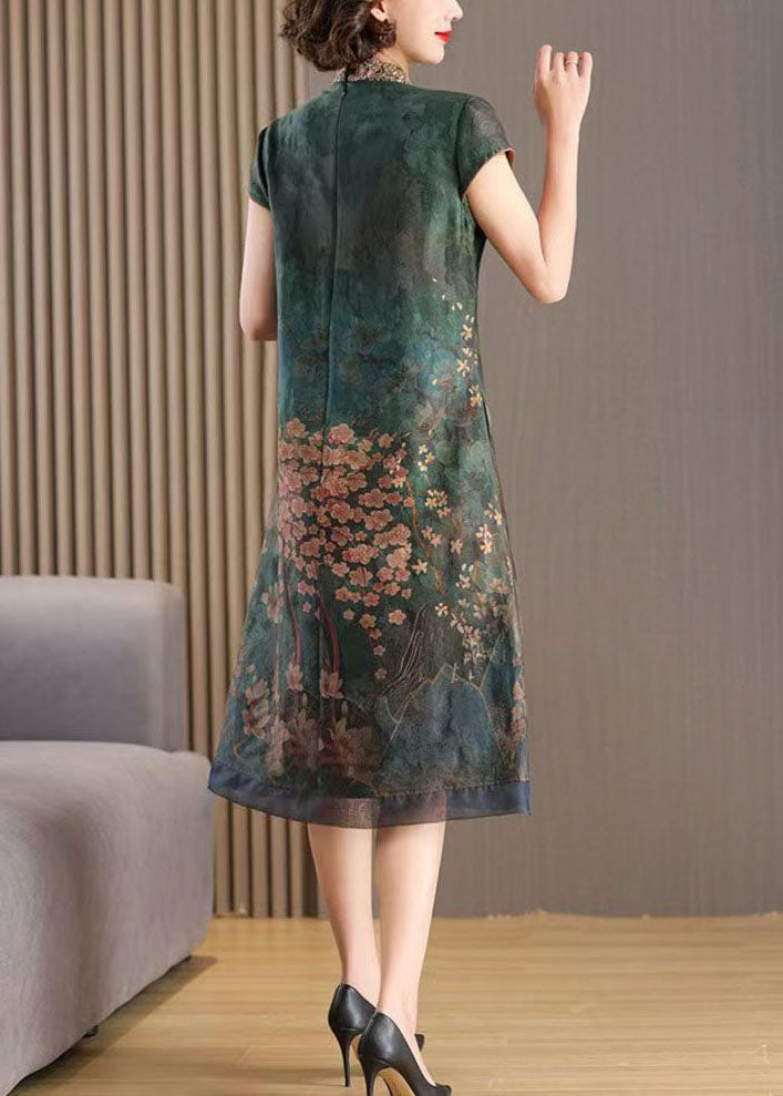 Landscape Print Organza Mandarin Collar Cap Sleeve Contrast Hem Layered Midi Dress