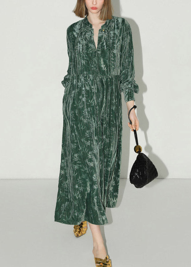 Velvet V-Neck Button Placket Mandarin Collar Lantern Sleeve Tiered Maxi Dress