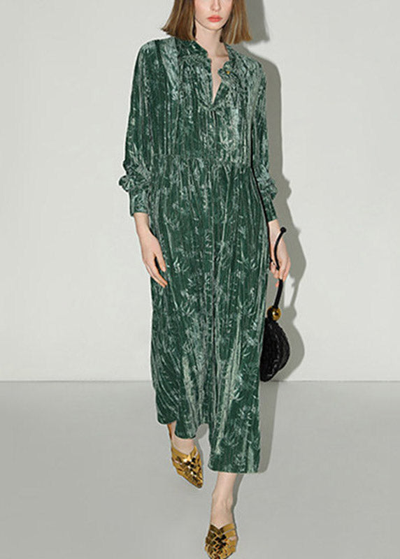 Velvet V-Neck Button Placket Mandarin Collar Lantern Sleeve Tiered Maxi Dress