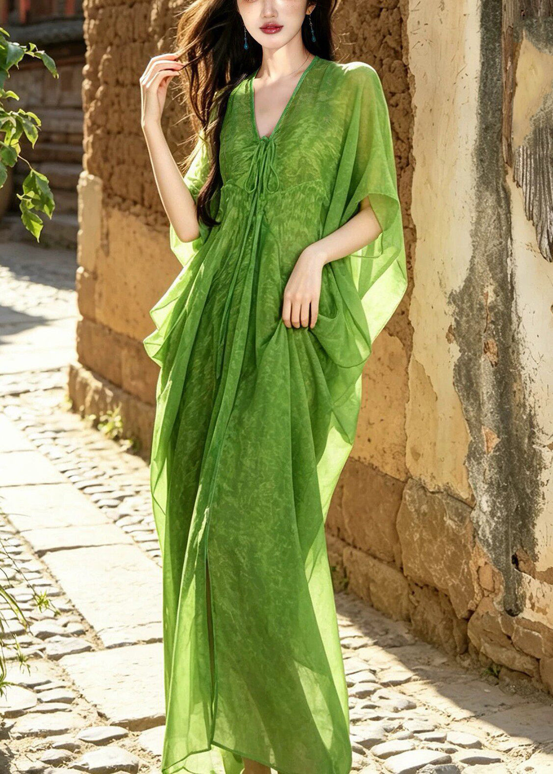 Crinkle Chiffon Damask Batwing Sleeve Tie Waist Deep V-Neck Kaftan Maxi Dress