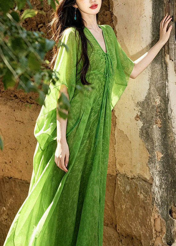 Crinkle Chiffon Damask Batwing Sleeve Tie Waist Deep V-Neck Kaftan Maxi Dress