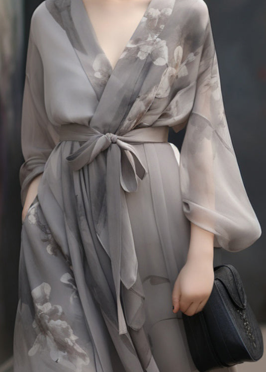 Floral Print Wrap Deep V-Neck Bishop Sleeve Tie Waist Chiffon Maxi Dress