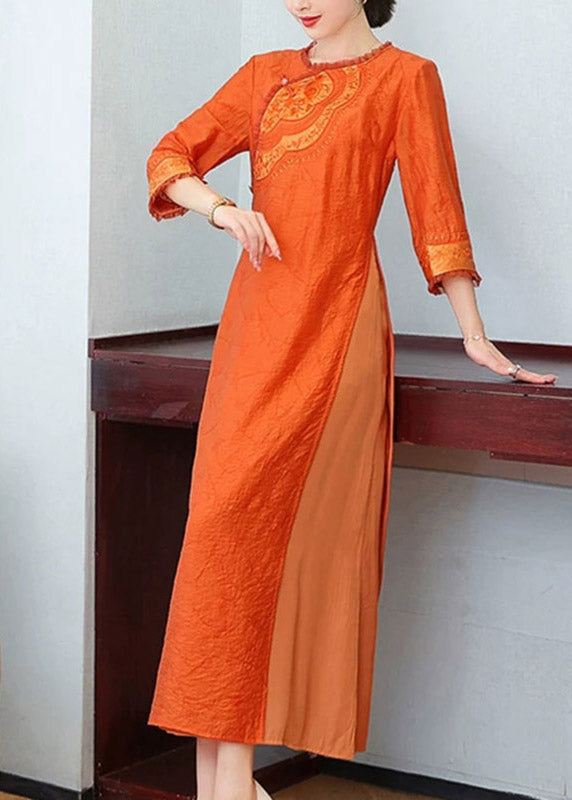 Embroidered Chest Patch Lace Trim Three Quarter Sleeve Side Fasten Crinkled Maxi Dress
