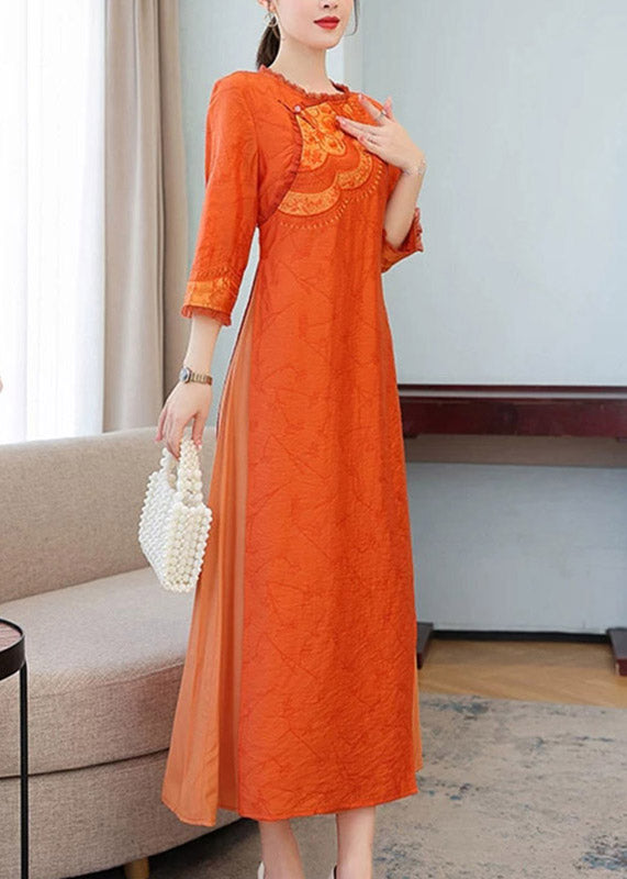 Embroidered Chest Patch Lace Trim Three Quarter Sleeve Side Fasten Crinkled Maxi Dress