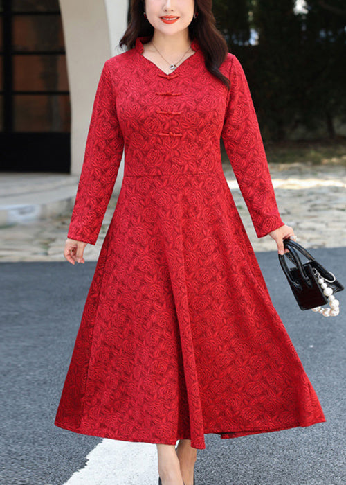 Rose Floral Jacquard Mandarin Collar V-Neck Frog Button Long Sleeve A-Line Maxi Dress
