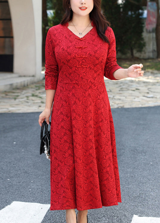Rose Floral Jacquard Mandarin Collar V-Neck Frog Button Long Sleeve A-Line Maxi Dress