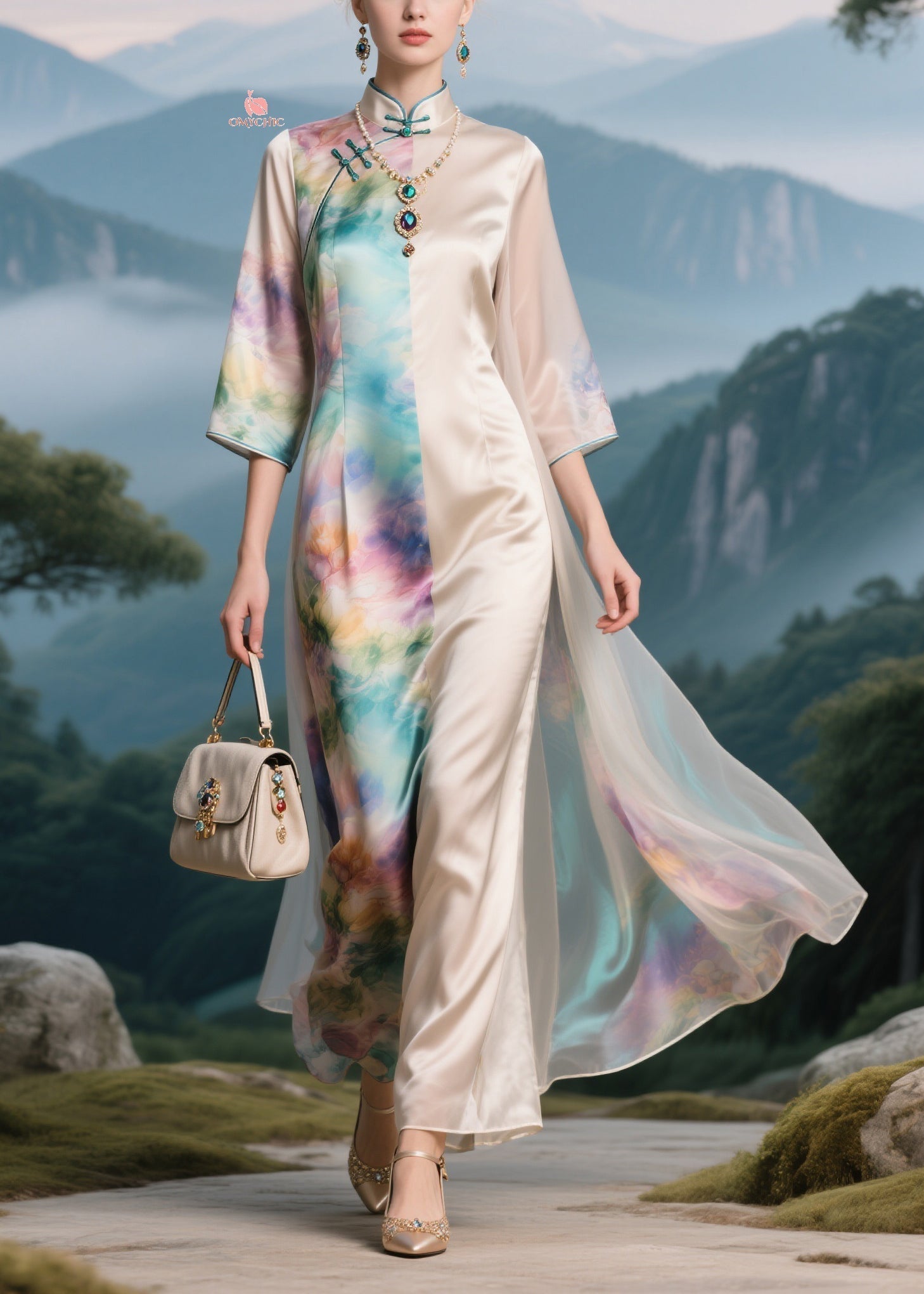 Mandarin Collar Frog Button Split Panel Floral Print Sheer Overlay Maxi Gown