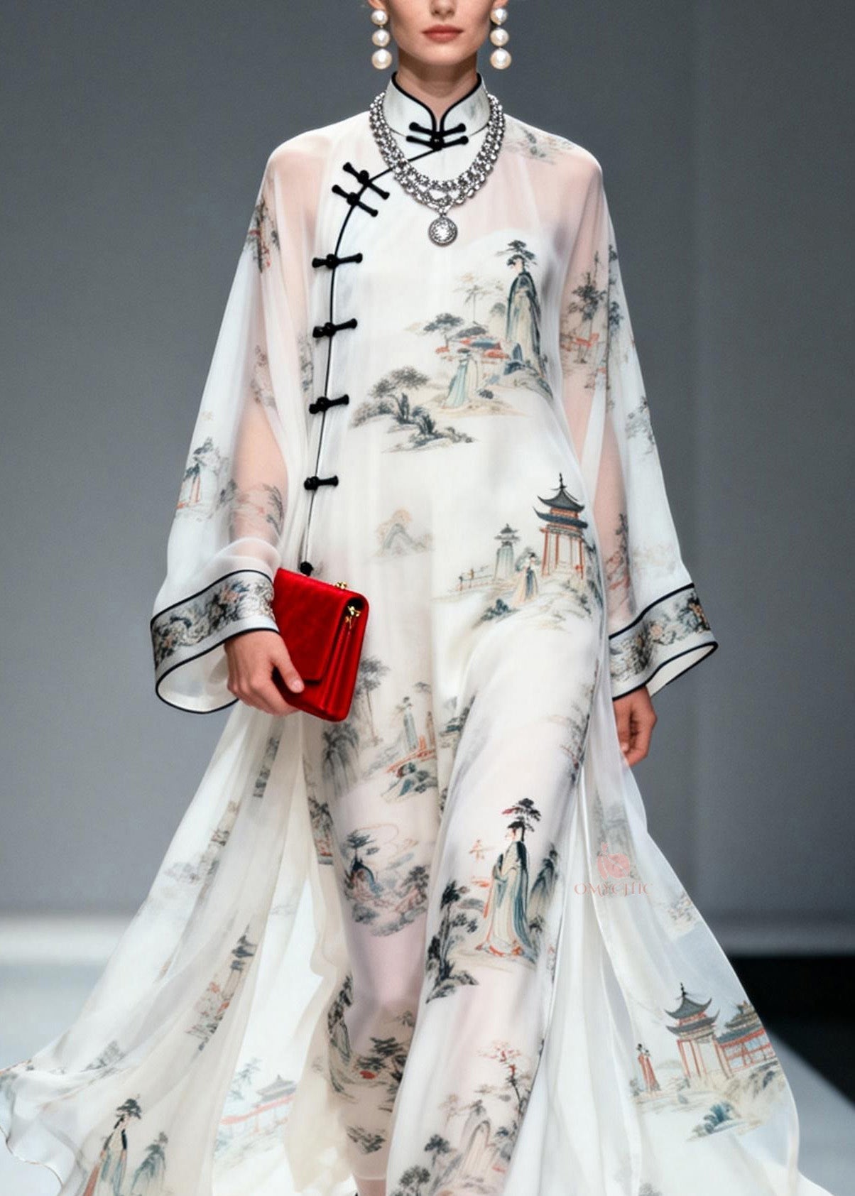 Mandarin Collar Frog Button Landscape Print Bell Sleeve Sheer Chiffon Maxi Gown