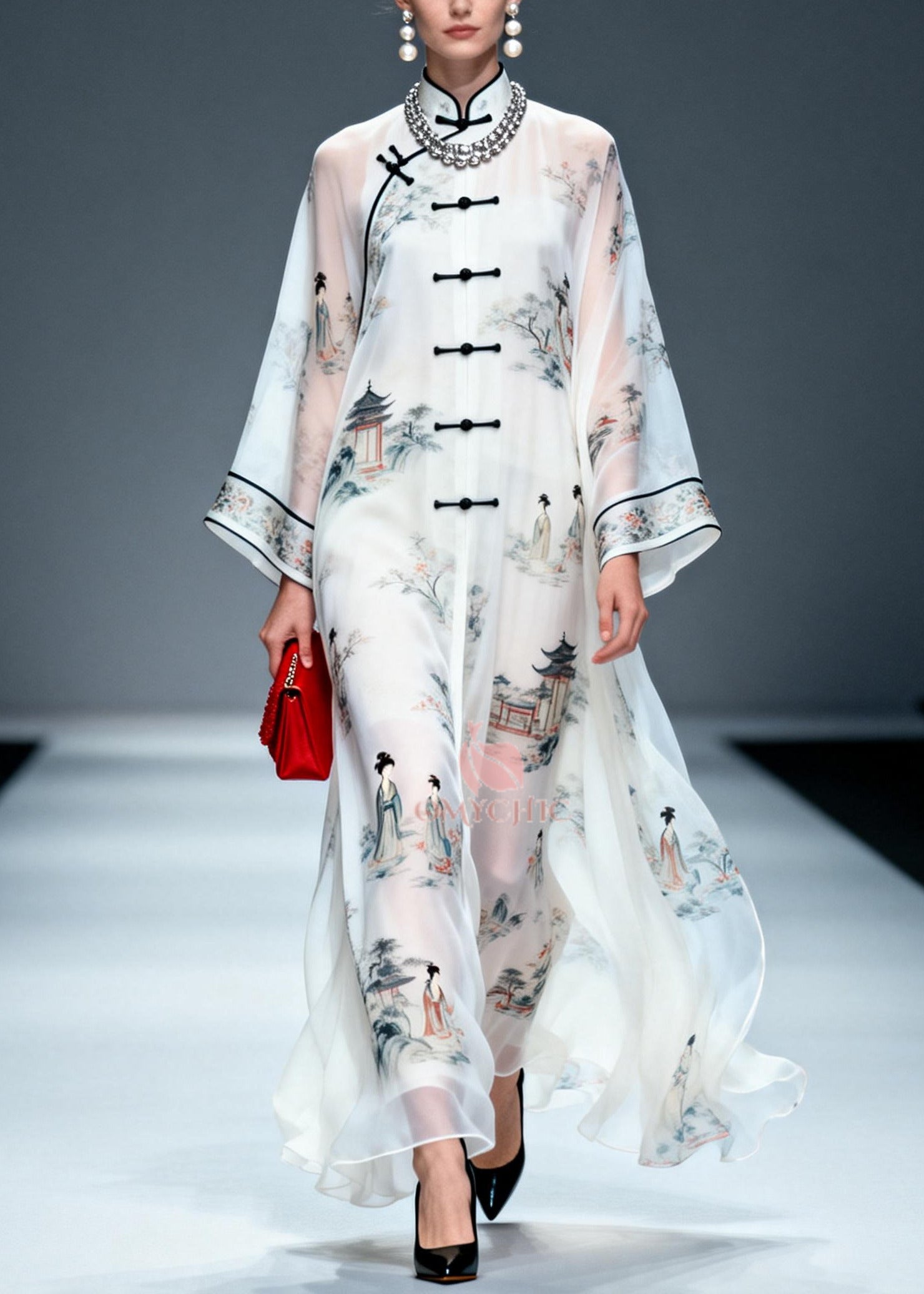 Landscape Print Mandarin Collar Frog Button Long Sleeve Chiffon Maxi Gown