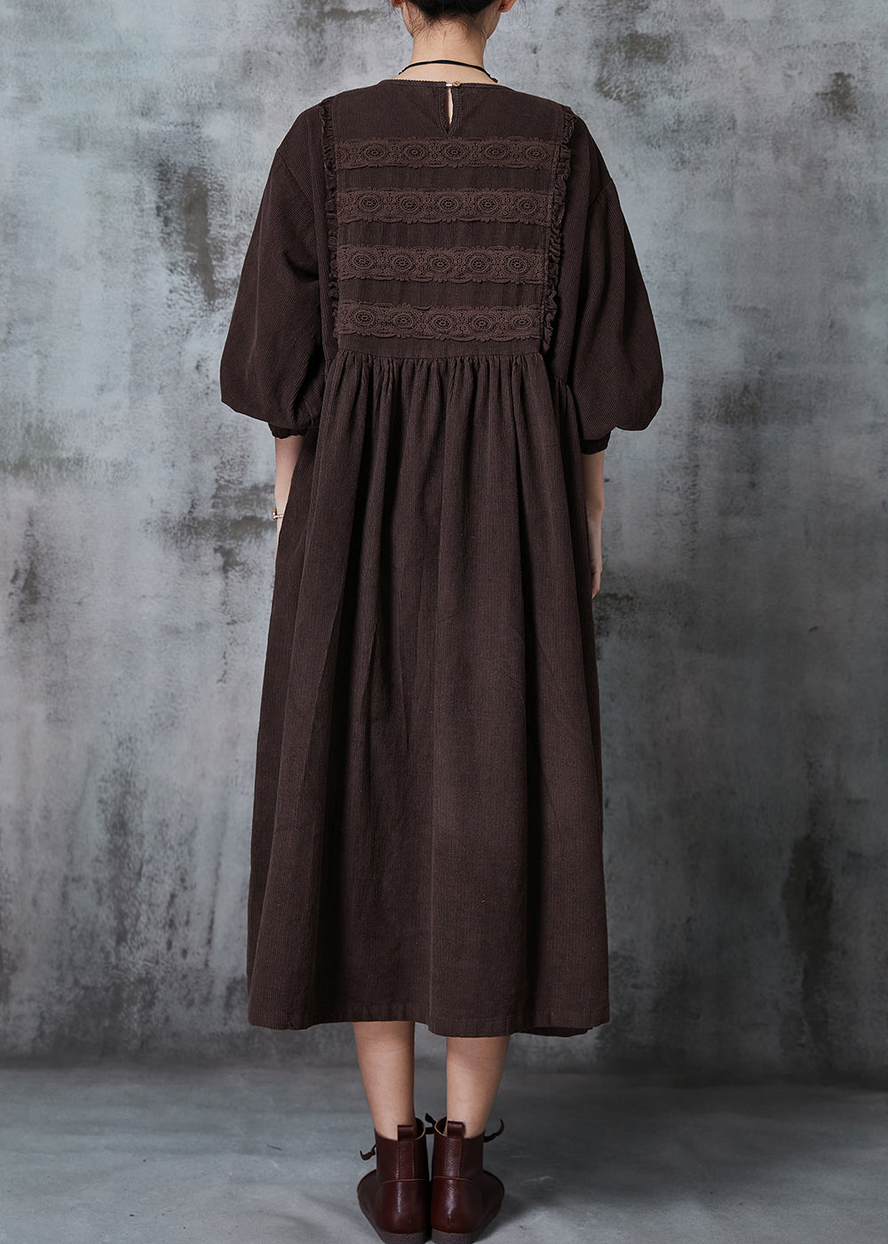 Corduroy Lace Insert Bishop Sleeve Empire Waist Midi Dress
