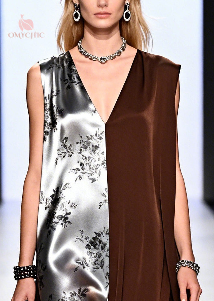 Floral Print Satin Deep V-Neck Sleeveless Split Panel Cape Drape Maxi Gown