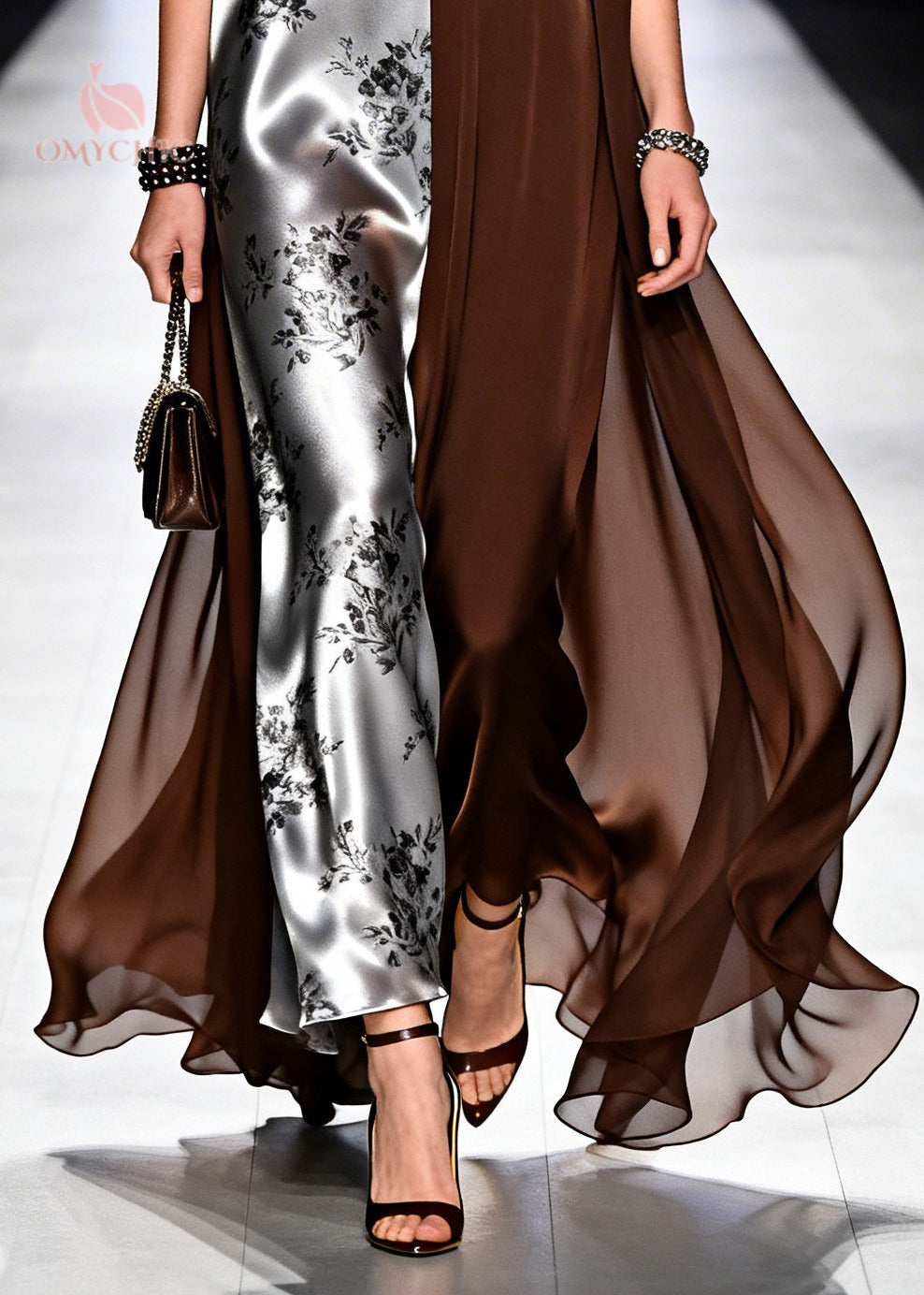Floral Print Satin Deep V-Neck Sleeveless Split Panel Cape Drape Maxi Gown