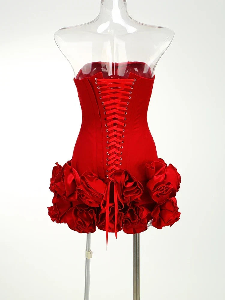 Strapless Corset Bodice Rosette Ruffle Hem Mini Party Dress 4