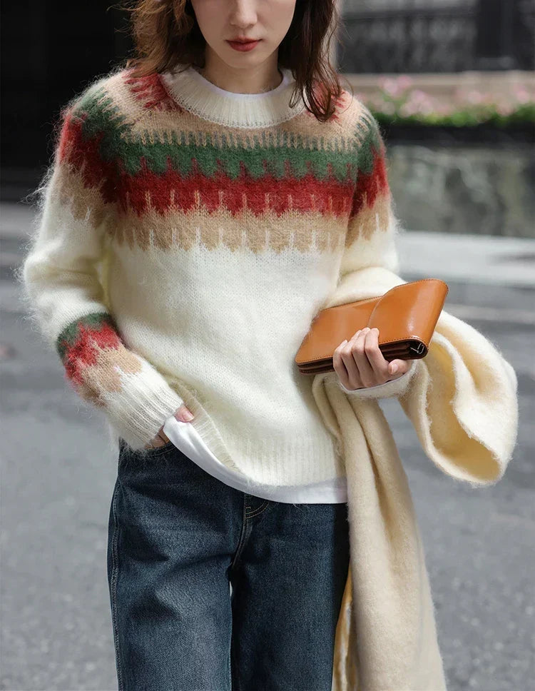 Crew Neck Fair Isle Yoke Fuzzy Knit Long Sleeve Sweater 3