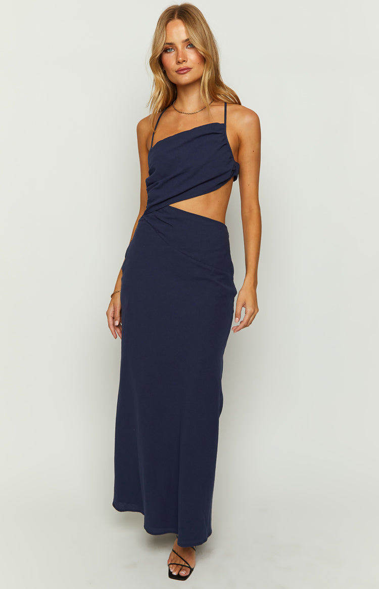 Asymmetric Neck Spaghetti Strap Twist Front Side Cut Out Maxi Dress