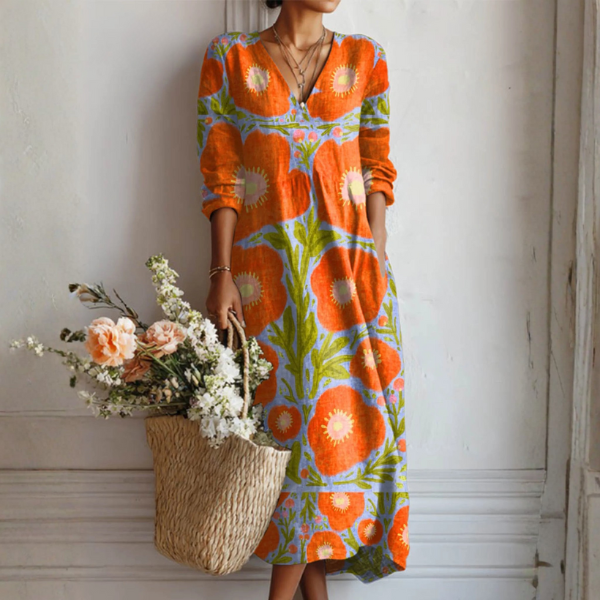 Floral V-Neck Long Sleeve Pocket Midi Dress