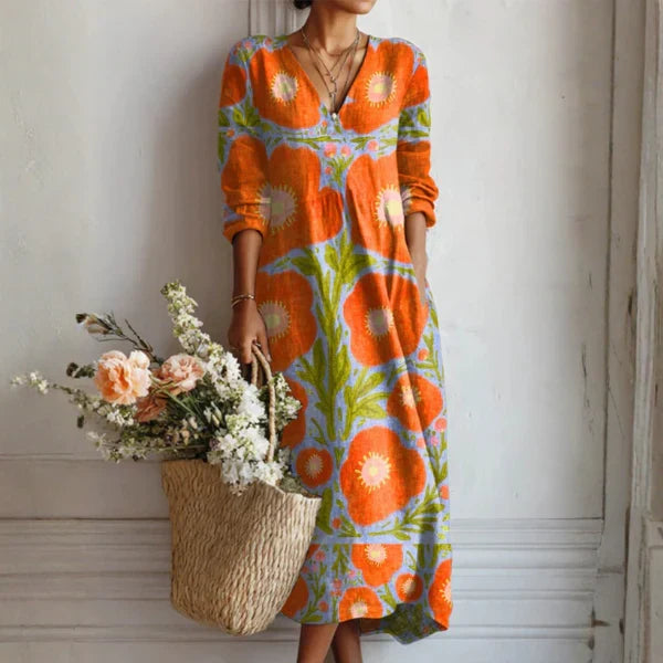 V-Neck Long Sleeve Floral Print Maxi Dress