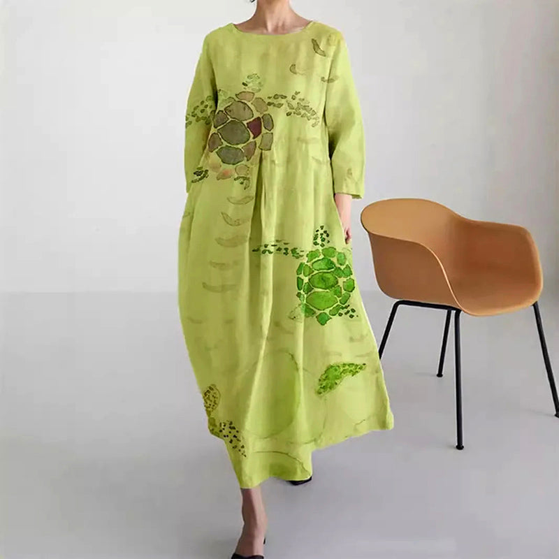 Turtle Print Round Neck Long Sleeve Midi Dress