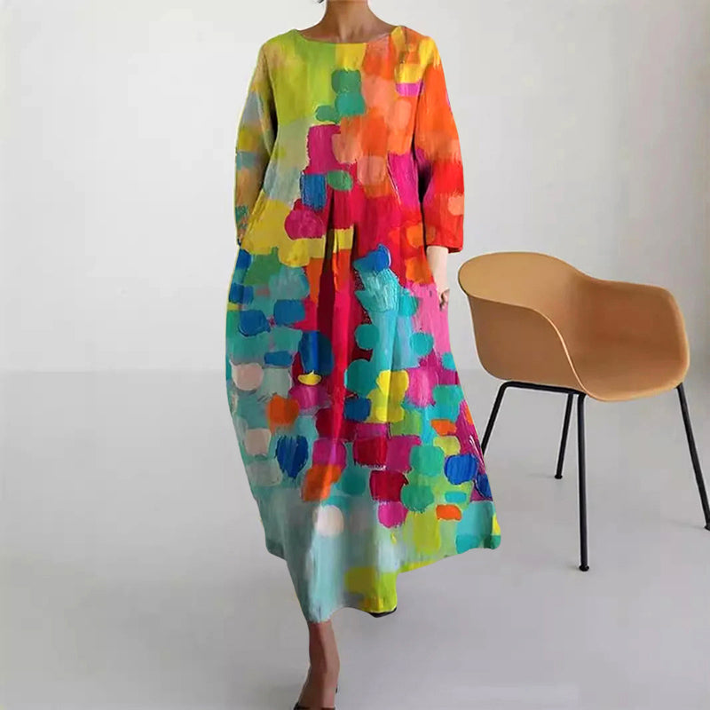 Turtle Print Round Neck Long Sleeve Midi Dress 3