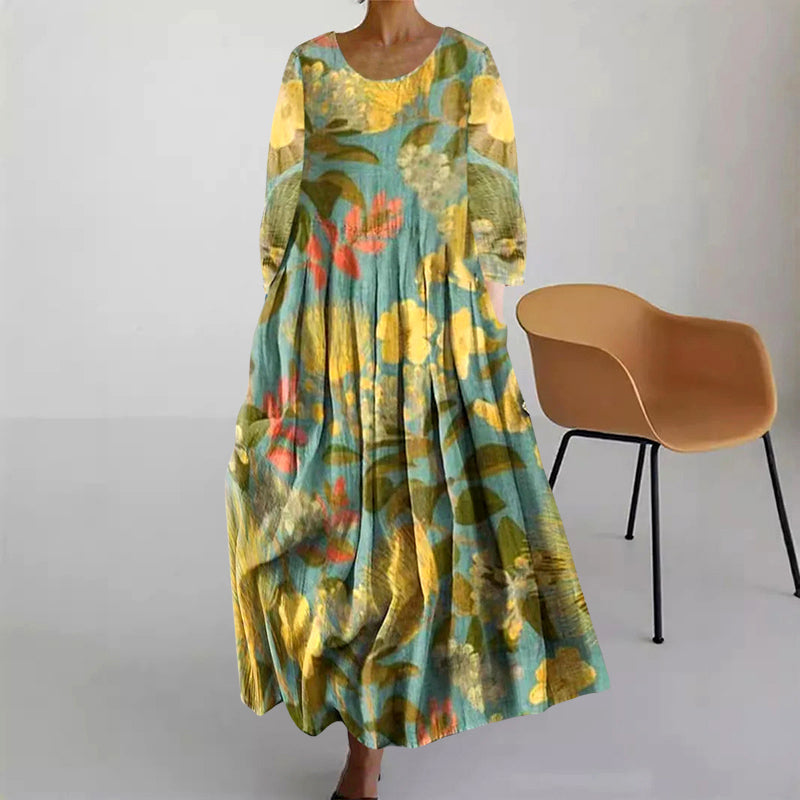 Turtle Print Round Neck Long Sleeve Midi Dress 2
