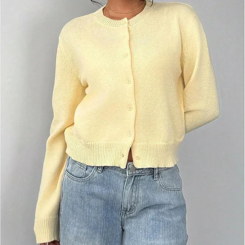 Round Neck Button Front Cropped Knit Cardigan