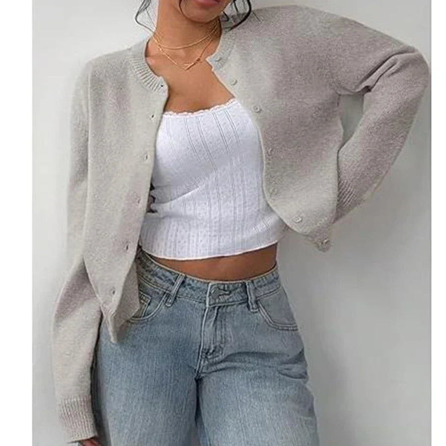 Round Neck Button Front Cropped Knit Cardigan