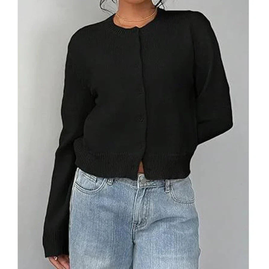 Round Neck Button Front Cropped Knit Cardigan