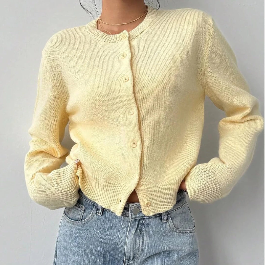 Round Neck Button Front Cropped Knit Cardigan