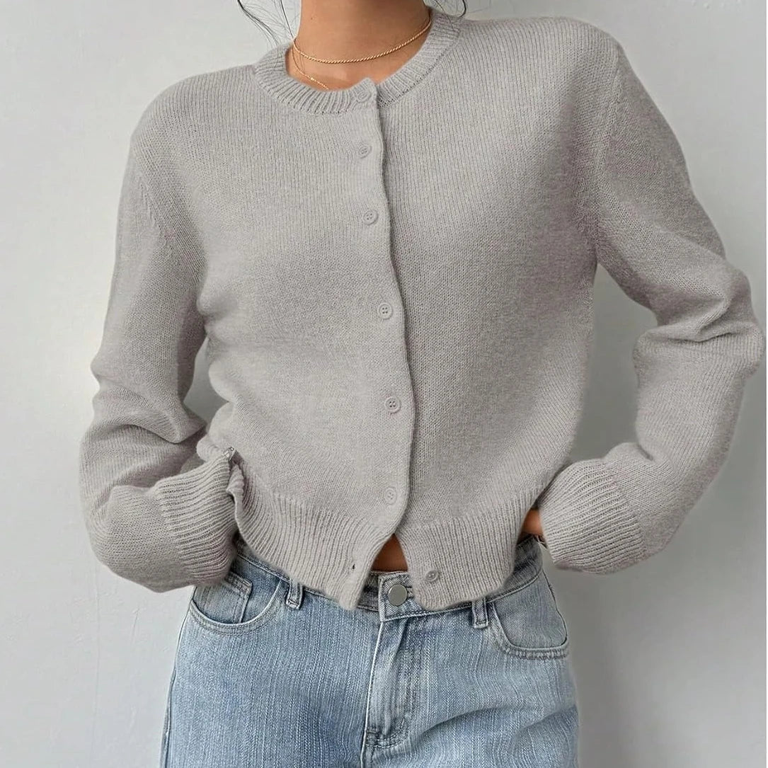 Round Neck Button Front Cropped Knit Cardigan