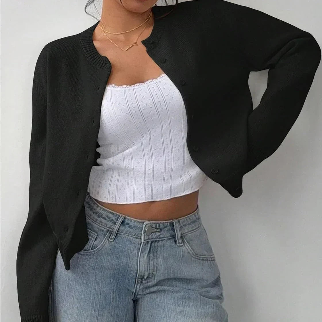 Round Neck Button Front Cropped Knit Cardigan