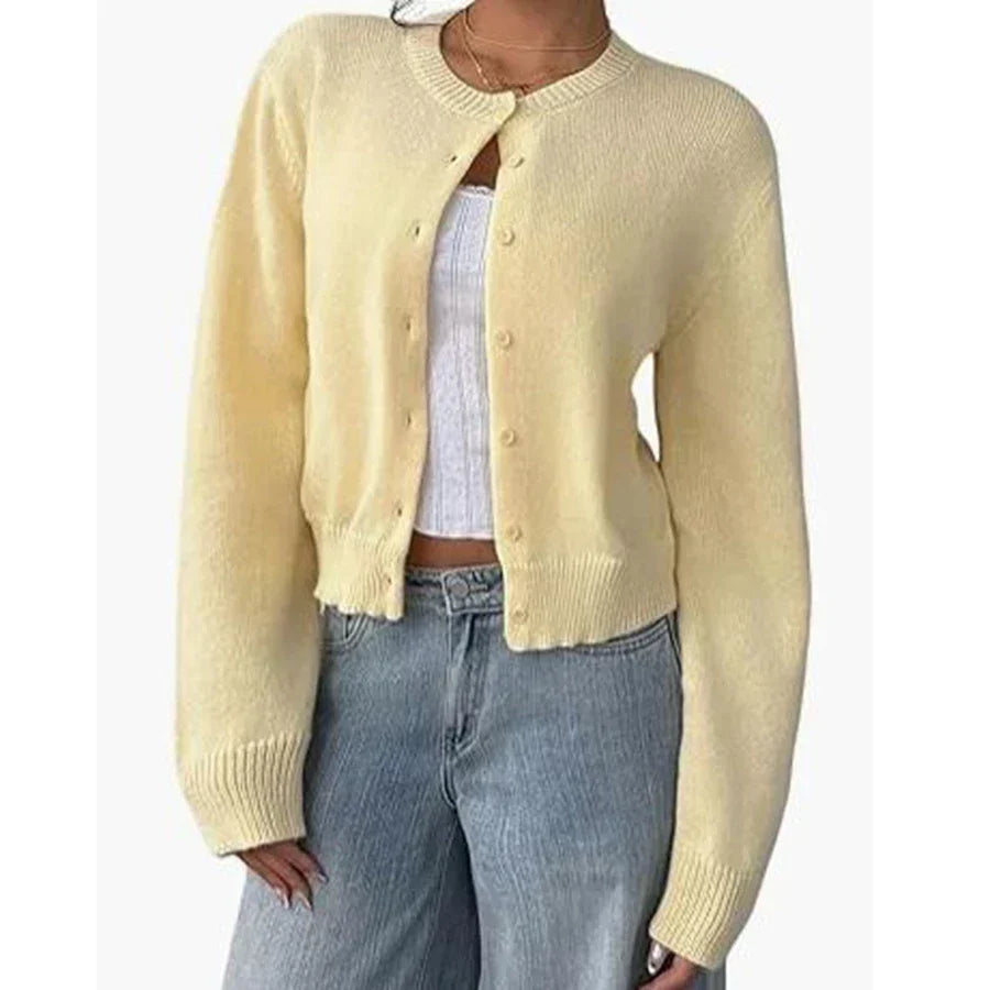 Round Neck Button Front Cropped Knit Cardigan