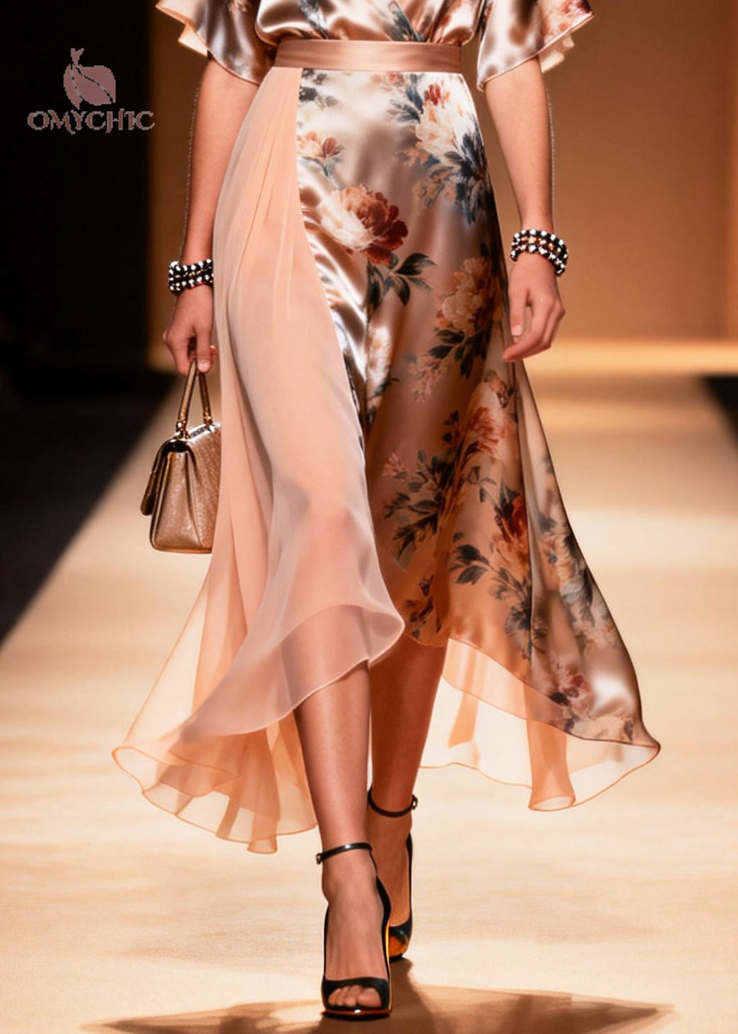 Floral Print Deep V-Neck Flutter Sleeve Satin Chiffon Panel Asymmetric Wrap Midi Dress