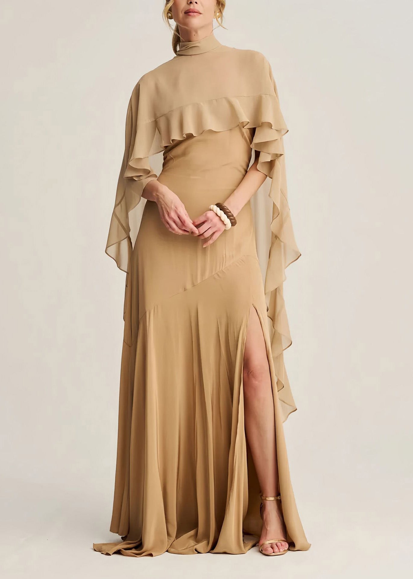 Classy Apricot High Neck Ruffled Chiffon Long Dresses Summer 2