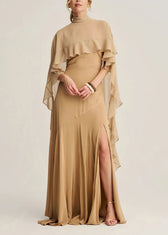 Classy Apricot High Neck Ruffled Chiffon Long Dresses Summer 2