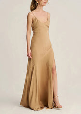 Classy Apricot High Neck Ruffled Chiffon Long Dresses Summer 3