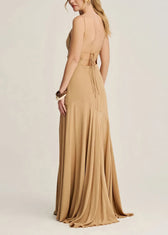 Classy Apricot High Neck Ruffled Chiffon Long Dresses Summer 4