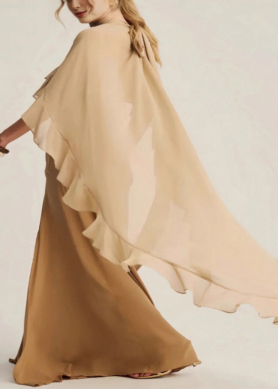 Classy Apricot High Neck Ruffled Chiffon Long Dresses Summer 5