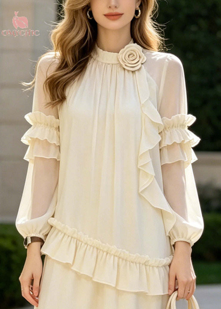 Classy Apricot Ruffled Floral Chiffon Long Dresses Summer 2