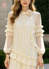 Classy Apricot Ruffled Floral Chiffon Long Dresses Summer 2