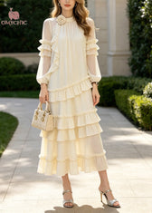 Classy Apricot Ruffled Floral Chiffon Long Dresses Summer 3