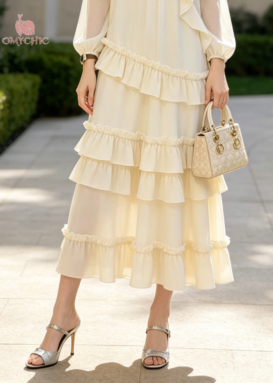 Classy Apricot Ruffled Floral Chiffon Long Dresses Summer 4