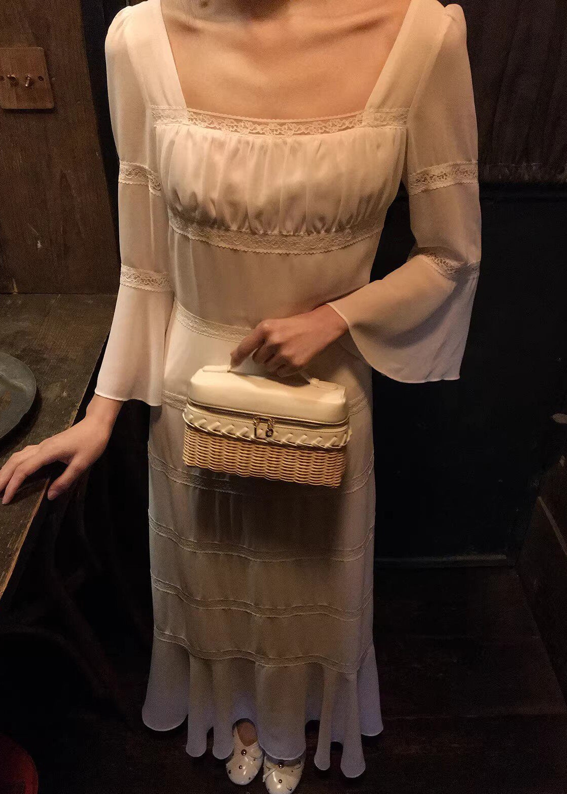 Square Neck Bell Sleeve Lace Trim Tiered Maxi Dress