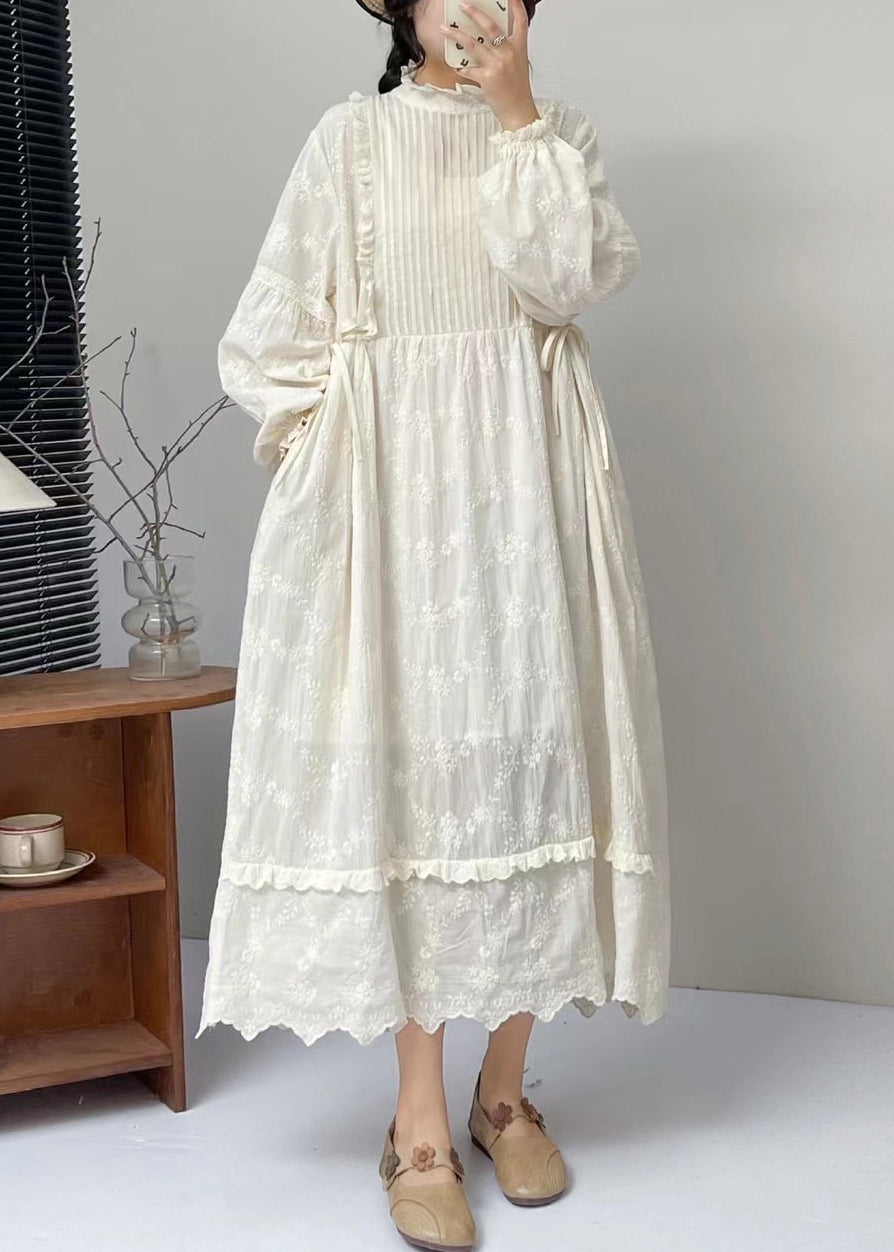 Classy Beige Embroideried Ruffled Lace Up Cotton Long Dress Spring - View 2