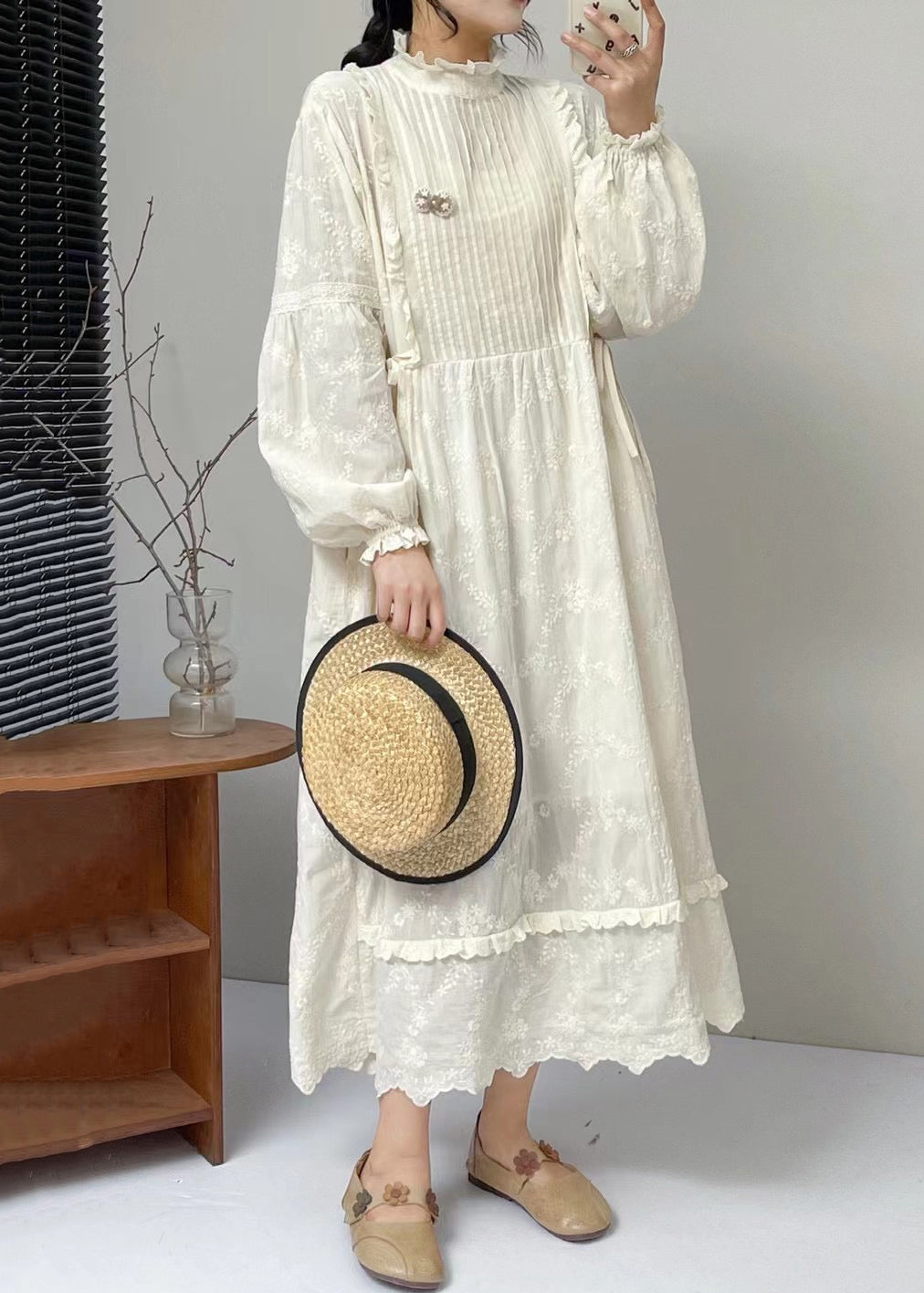 Classy Beige Embroideried Ruffled Lace Up Cotton Long Dress Spring - View 4