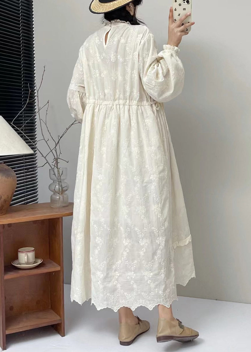 Classy Beige Embroideried Ruffled Lace Up Cotton Long Dress Spring - View 5