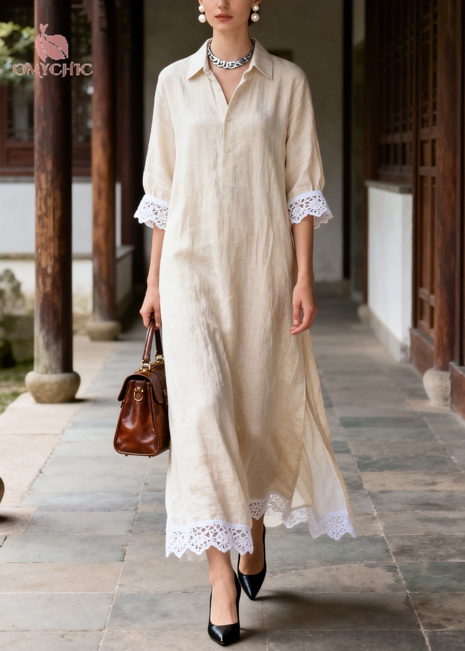 Classy Beige Peter Pan Collar Patchwork Lace Long Dresses Summer
